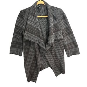 Fusun Cardigan Sweater L Brown Gray Abstract Stripe Merino Wool Open Lagenlook